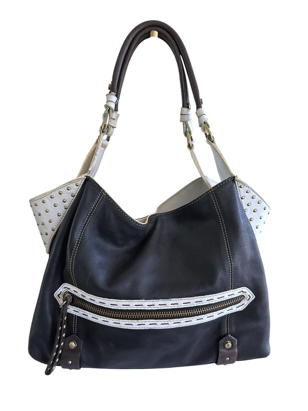 ORYANY Studded Leather Hobo Shoulder Bag – Brown & Cream Boho Moto Luxe